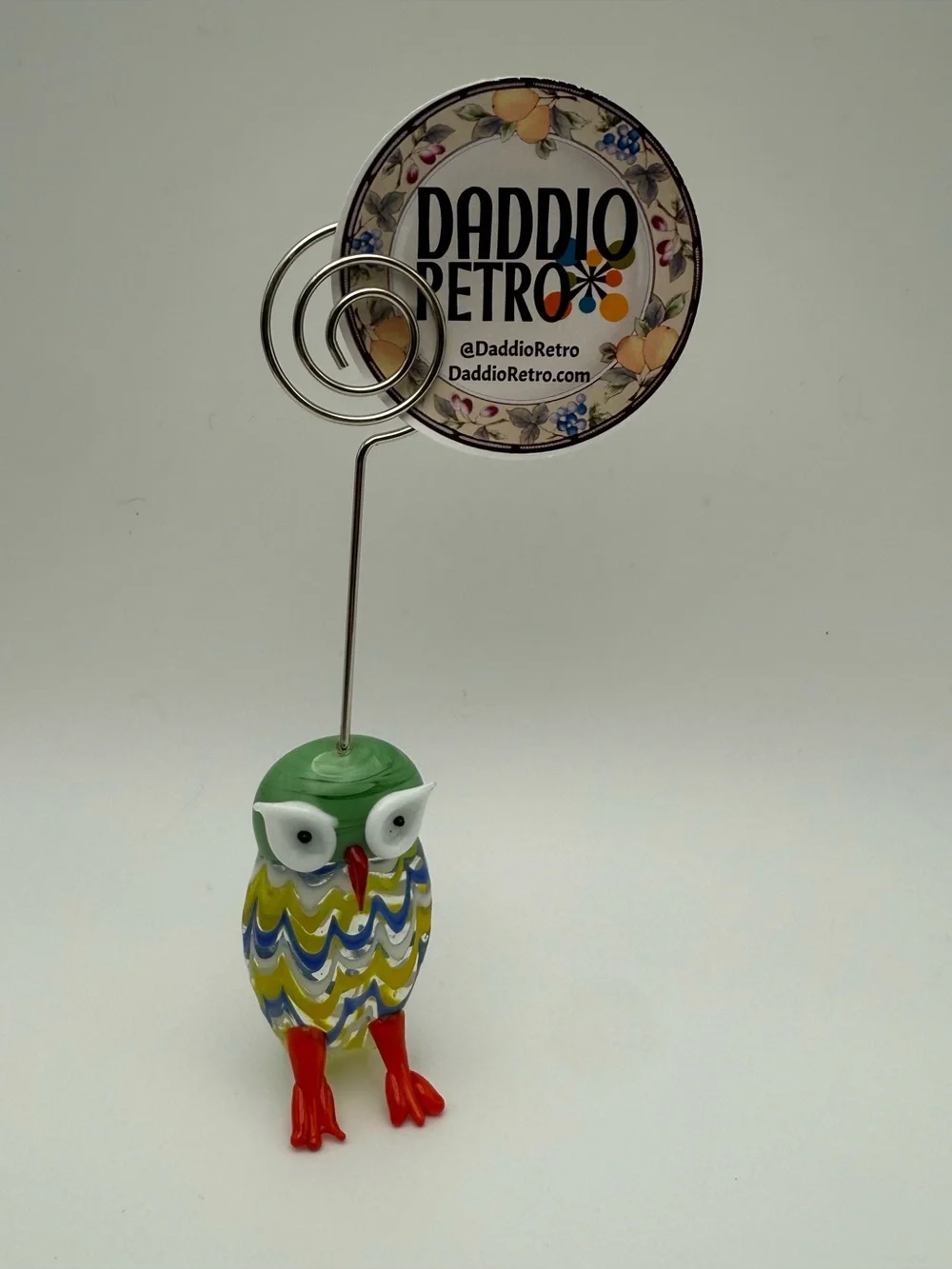Glass Owl Picture Photo Photograph or Memo Holder Stand Retro Colorful Murano